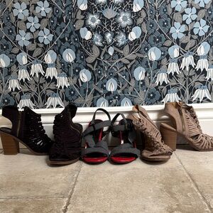 Three Pair Women's Heeled Sandals in Black, Red & Taupe 8.5